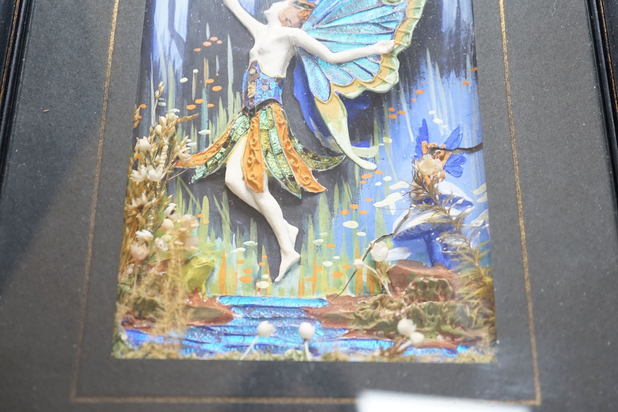 A pair of morpho butterfly wing nymph diorama, signed Gaydon King, Pat. App. For 19907/29, c.1930, 10.5 cms wide x 17.5 cms high. (not including mount or frame).